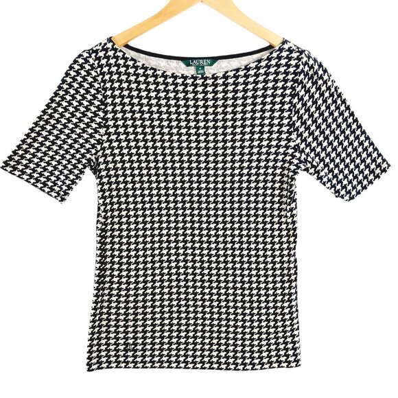 Lauren Ralph Lauren Tops - Lauren Ralph Lauren, Black & White Houndstooth Short Sleeve Cotton Top, Medium